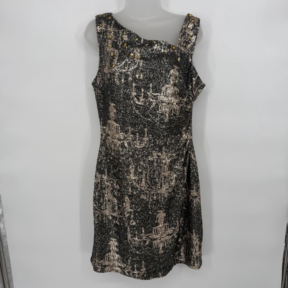 VTG Kay Unger Sz 16 Chandelier Sequined Mini Dress‎ Embellished Y2K Ruched Side - Picture 2 of 9